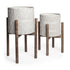 Set of Two Cream And Brown Ceramic And Wood Round Elevated Planters