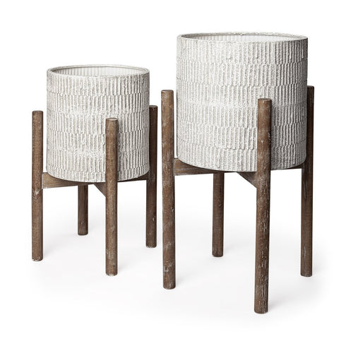 Set of Two Cream And Brown Ceramic And Wood Round Elevated Planters
