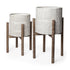 Set of Two Cream And Brown Ceramic And Wood Round Elevated Planters
