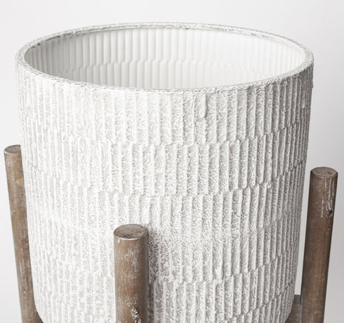 Set of Two Cream And Brown Ceramic And Wood Round Elevated Planters