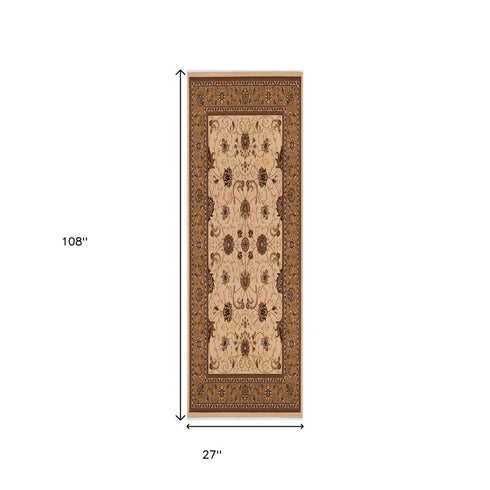 9' Tan And Brown Oriental Runner Rug