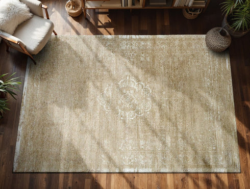 7' X 9' Brown And White Medallion Washable Area Rug With UV Protection