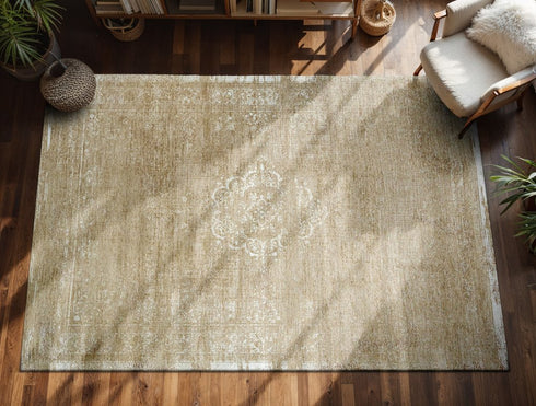 7' X 9' Brown And White Medallion Washable Area Rug With UV Protection