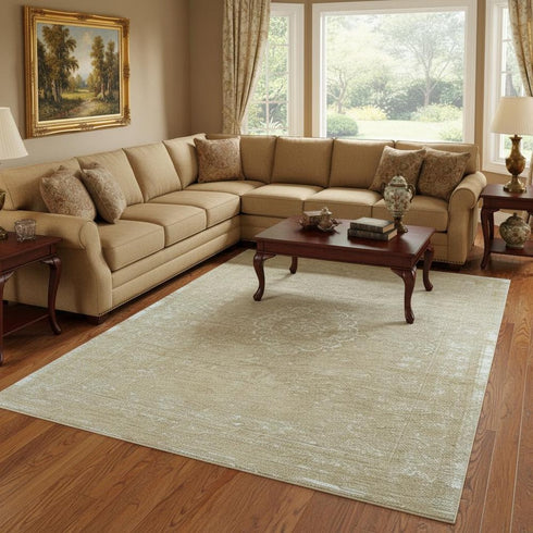 7' X 9' Brown And White Medallion Washable Area Rug With UV Protection