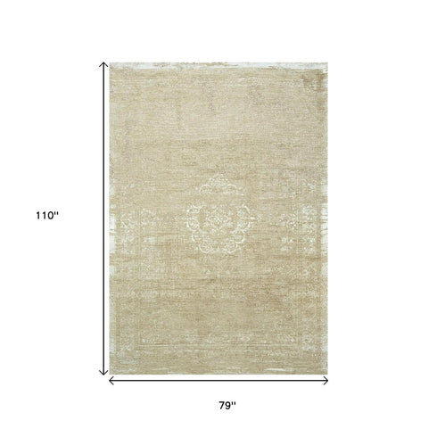 7' X 9' Brown And White Medallion Washable Area Rug With UV Protection