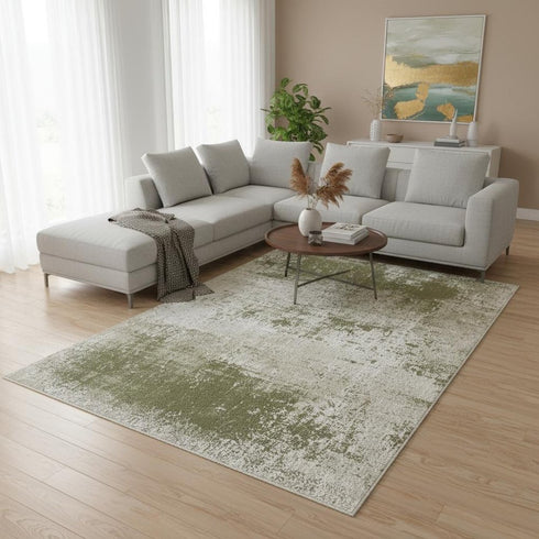 8' X 11' Green Beige And White Abstract Washable Area Rug With UV Protection