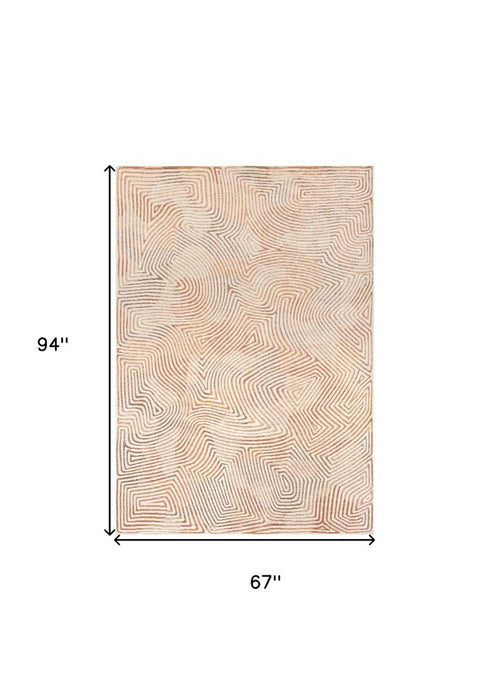 6' X 8' Beige Orange And Brown Geometric Washable Area Rug With UV Protection