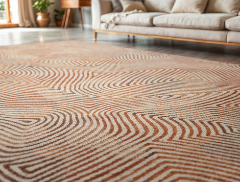 8' X 11' Beige Orange And Brown Geometric Washable Area Rug With UV Protection