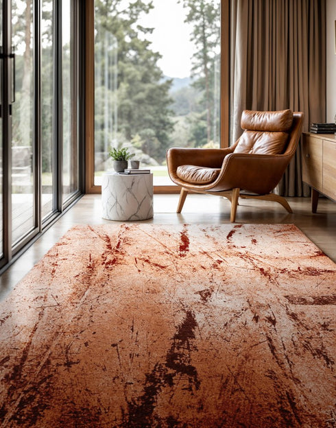 9' X 13' Orange Brown And White Abstract Washable Area Rug With UV Protection