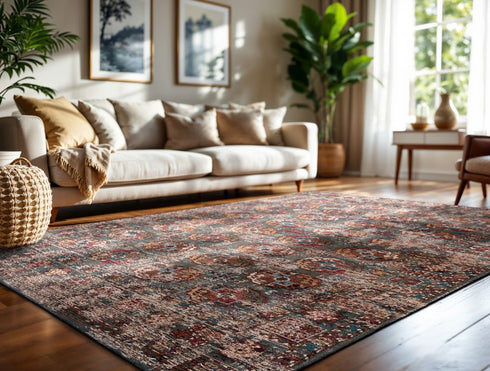 9' X 13' Gray And White Tribal Washable Area Rug With UV Protection