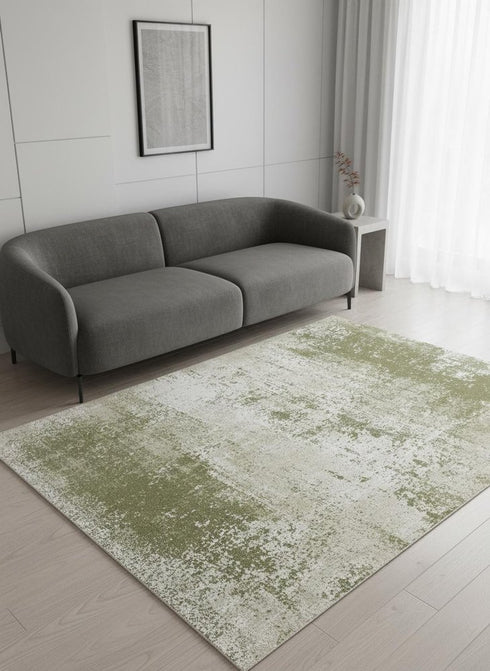 8' Green Beige And White Abstract Washable Round Rug With UV Protection