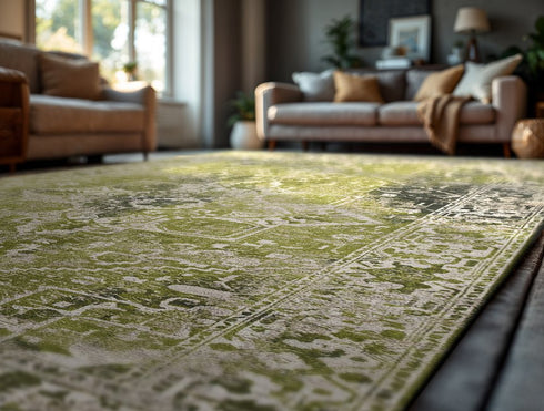 9' X 13' Green And Beige Tribal Washable Area Rug With UV Protection