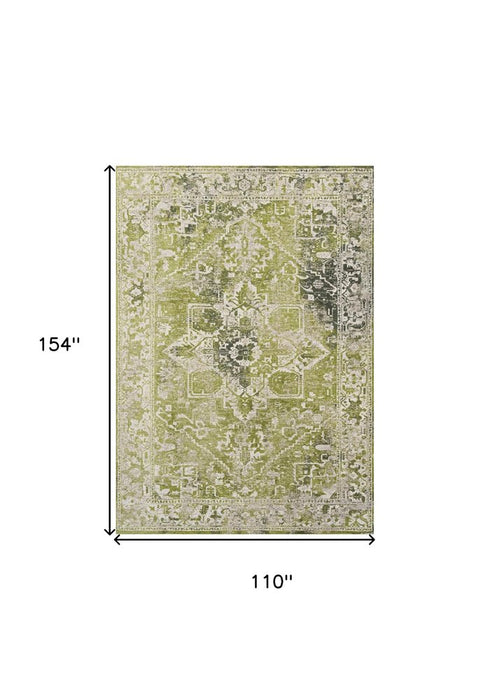 9' X 13' Green And Beige Tribal Washable Area Rug With UV Protection