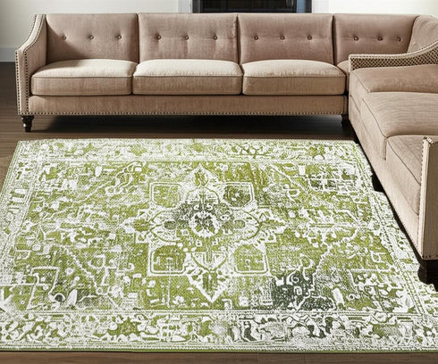 9' X 13' Green And Beige Tribal Washable Area Rug With UV Protection