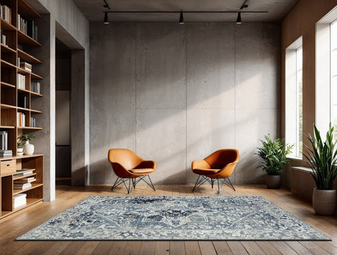 9' X 13' Blue And Beige Tribal Washable Area Rug With UV Protection