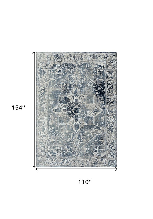 9' X 13' Blue And Beige Tribal Washable Area Rug With UV Protection