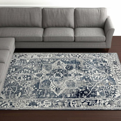 9' X 13' Blue And Beige Tribal Washable Area Rug With UV Protection