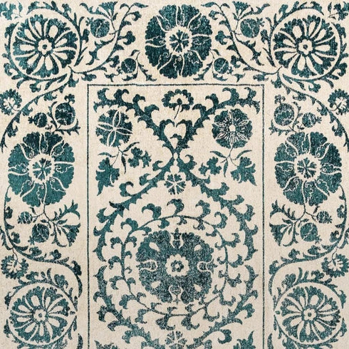9' X 13' Beige And Blue Tribal Washable Area Rug With UV Protection