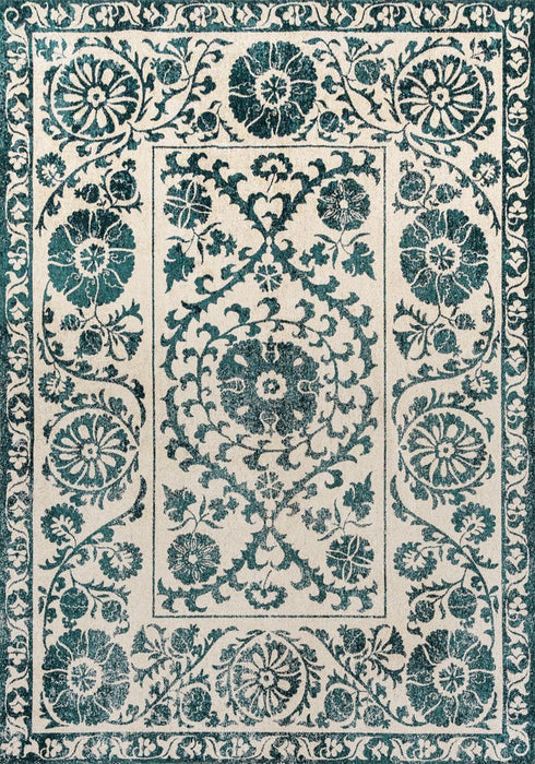 9' X 13' Beige And Blue Tribal Washable Area Rug With UV Protection