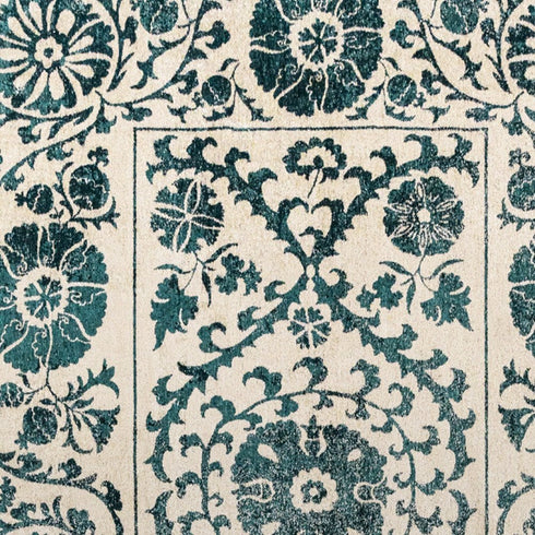 9' X 13' Beige And Blue Tribal Washable Area Rug With UV Protection