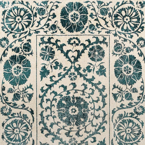 9' X 13' Beige And Blue Tribal Washable Area Rug With UV Protection