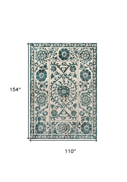 9' X 13' Beige And Blue Tribal Washable Area Rug With UV Protection