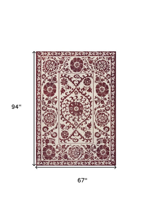 6' X 8' Beige And Maroon Tribal Washable Area Rug With UV Protection