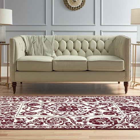 6' X 8' Beige And Maroon Tribal Washable Area Rug With UV Protection