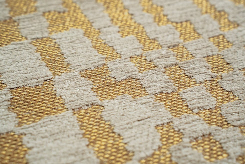 8' Gold And Beige Geometric Berber Washable Round Rug With UV Protection