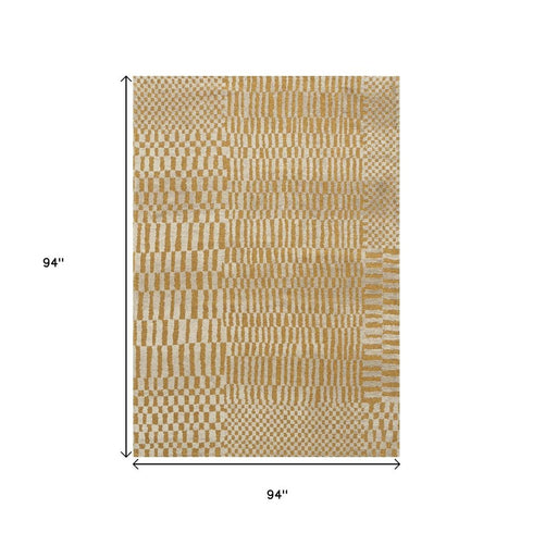 8' Gold And Beige Geometric Berber Washable Round Rug With UV Protection