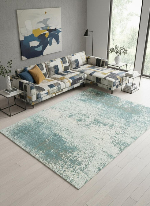 8' Green White And Gray Abstract Washable Round Rug With UV Protection