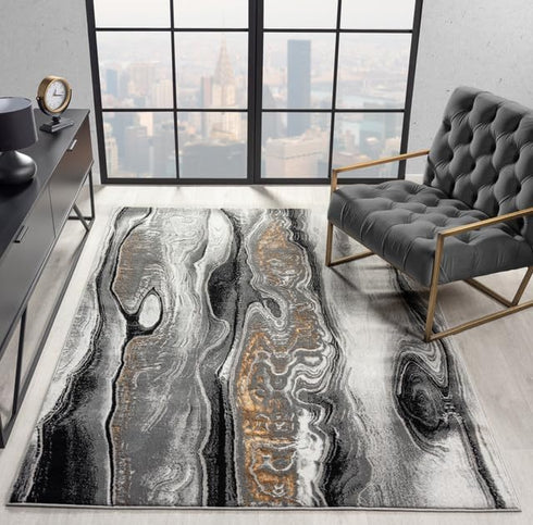 Grey, White, Gold Modern Abstract Area Rug