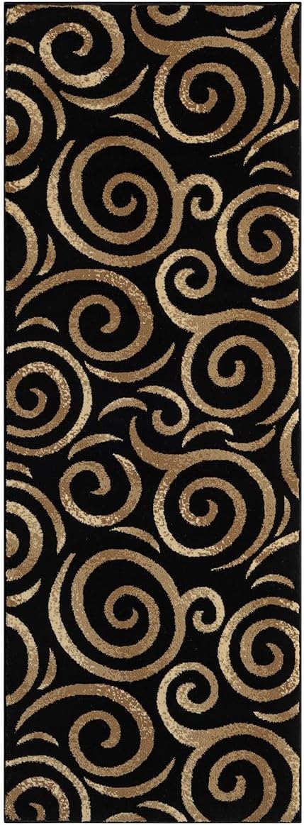 Black, Beige, and Gold Circle Swirls Abstract Area Rug