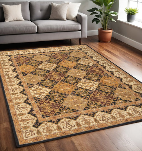 8' X 10' Gold Tan And Black Geometric Hand Tufted Area Rug