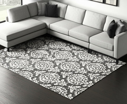 9' X 12' Gray Ivory And Black Floral Hand Tufted Area Rug