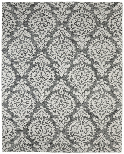 9' X 12' Gray Ivory And Black Floral Hand Tufted Area Rug
