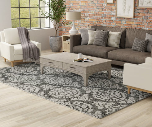9' X 12' Gray Ivory And Black Floral Hand Tufted Area Rug