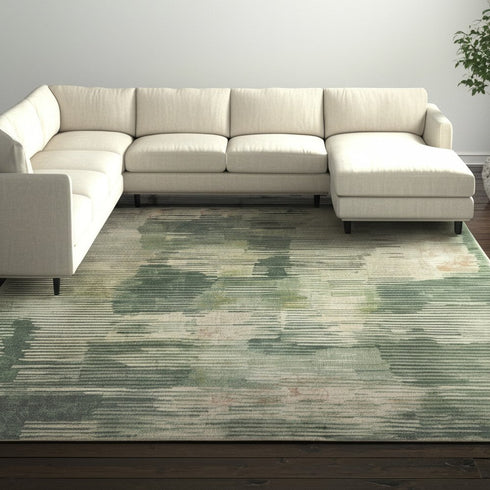 9' X 12' Green Ivory And Brown Abstract Distressed Area Rug