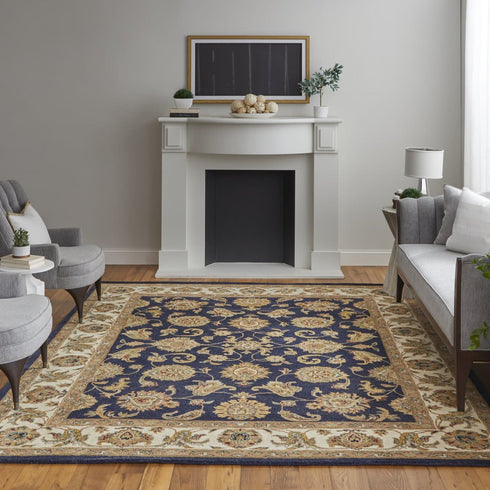 8' X 10' Blue Tan And Gold Oriental Hand Tufted Area Rug