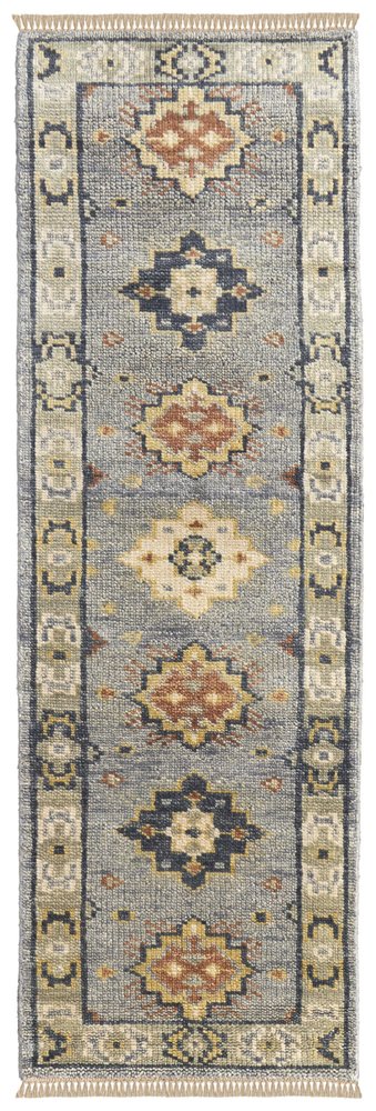 8' X 10' Gray Blue and Taupe Wool Geometric Hand Knotted Area Rug With Fringe