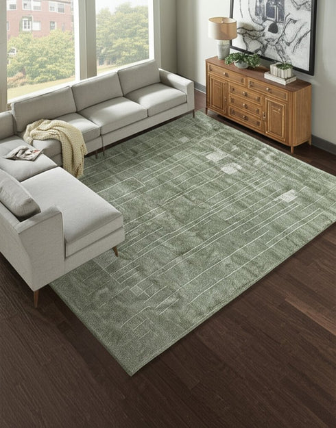 8' X 10' Green And Ivory Abstract Hand Knotted Area Rug