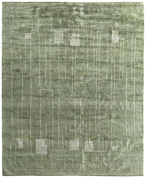 8' X 10' Green And Ivory Abstract Hand Knotted Area Rug