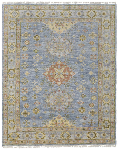 9' X 12' Blue Green And Yellow Geometric Hand Knotted Area Rug With Fringe