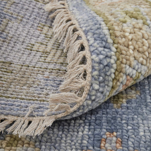 9' X 12' Blue Green And Yellow Geometric Hand Knotted Area Rug With Fringe