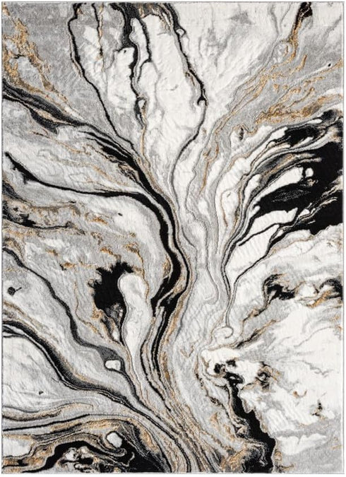 White and Gold with Blue or Black Modern Abstract Flow Area Rug