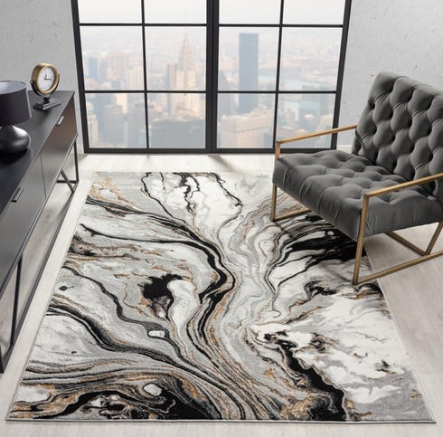 White and Gold with Blue or Black Modern Abstract Flow Area Rug