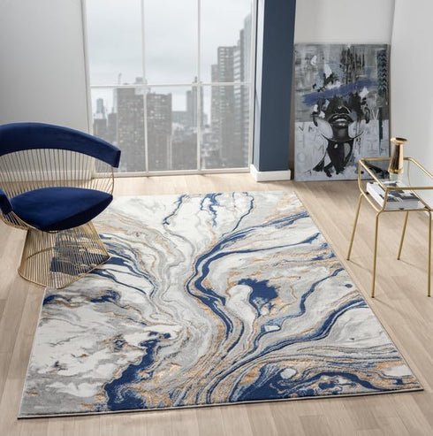 White and Gold with Blue or Black Modern Abstract Flow Area Rug