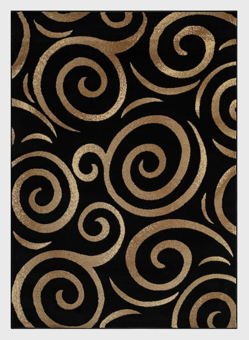Black, Beige, and Gold Circle Swirls Abstract Area Rug