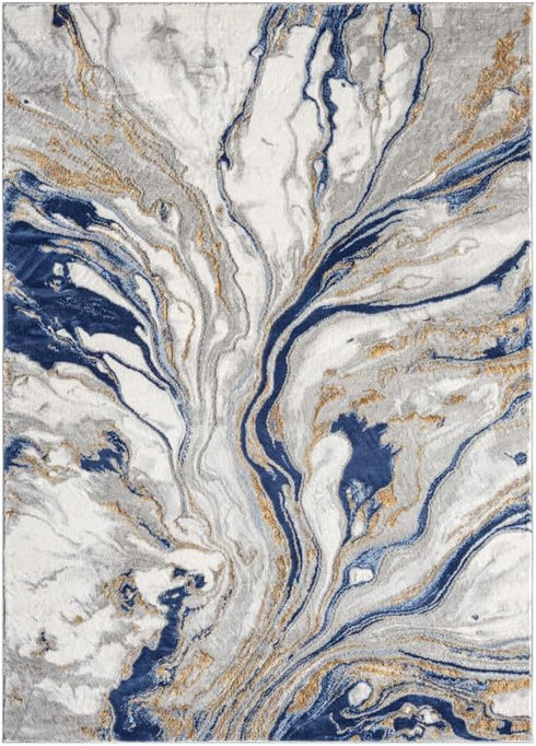 White and Gold with Blue or Black Modern Abstract Flow Area Rug
