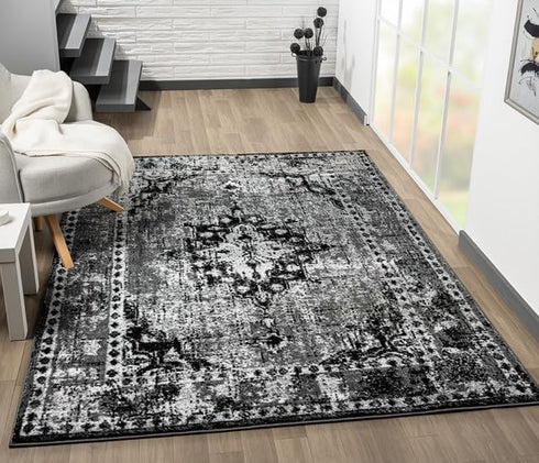 Black Grey Modern Oriental Abstract Area Rug